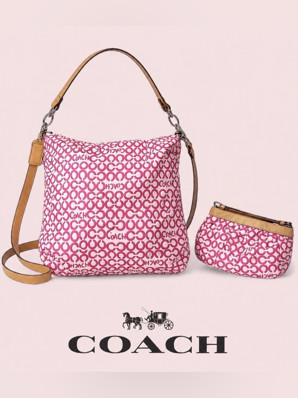Coach Pink Signature C Hobo Bag + Wristlet Set Y2K Vintage Barbiecore Canvas